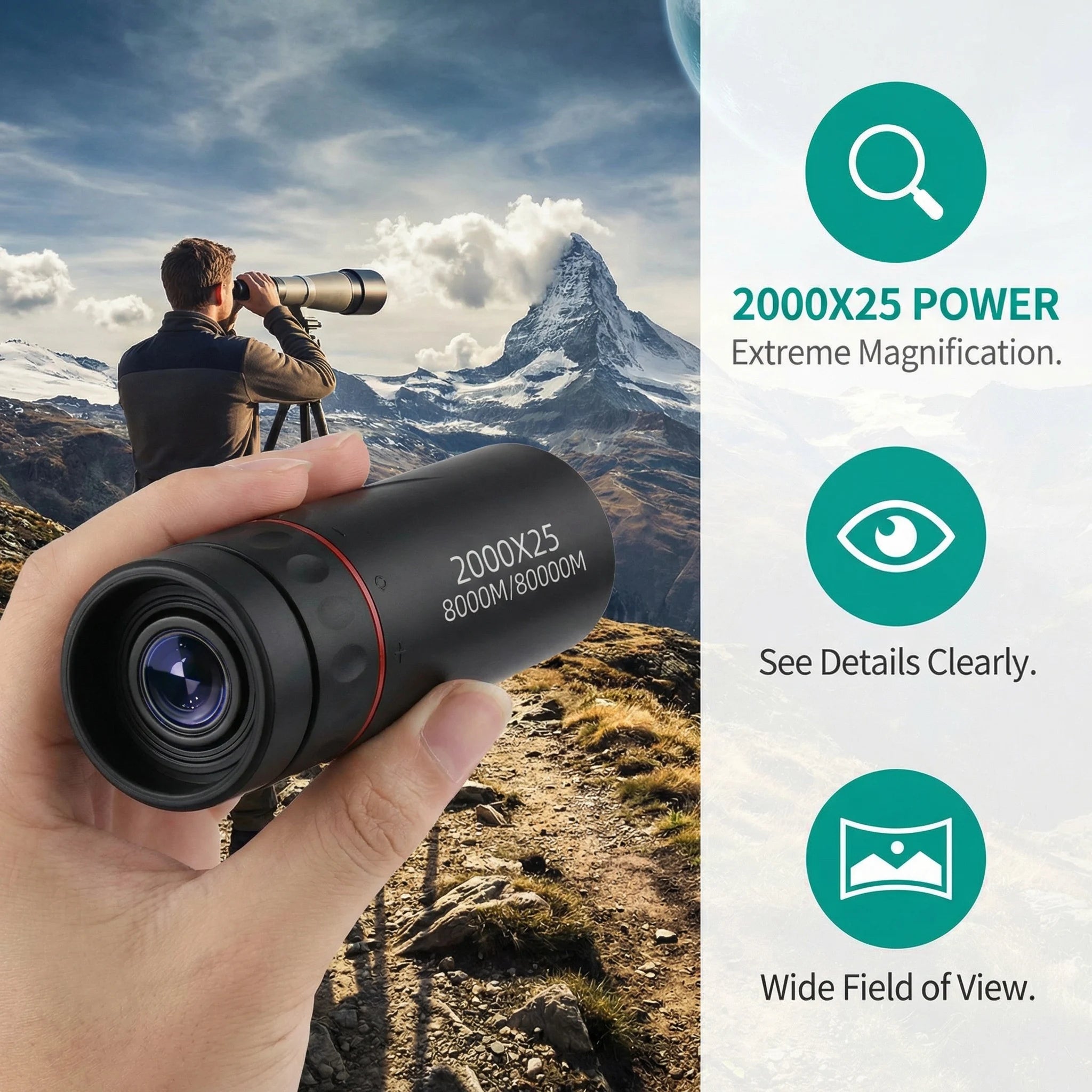 2000x25 HD Monocular Telescope: Mini Portable, for Outdoor Camping, Hunting & Birdwatching Fit Island