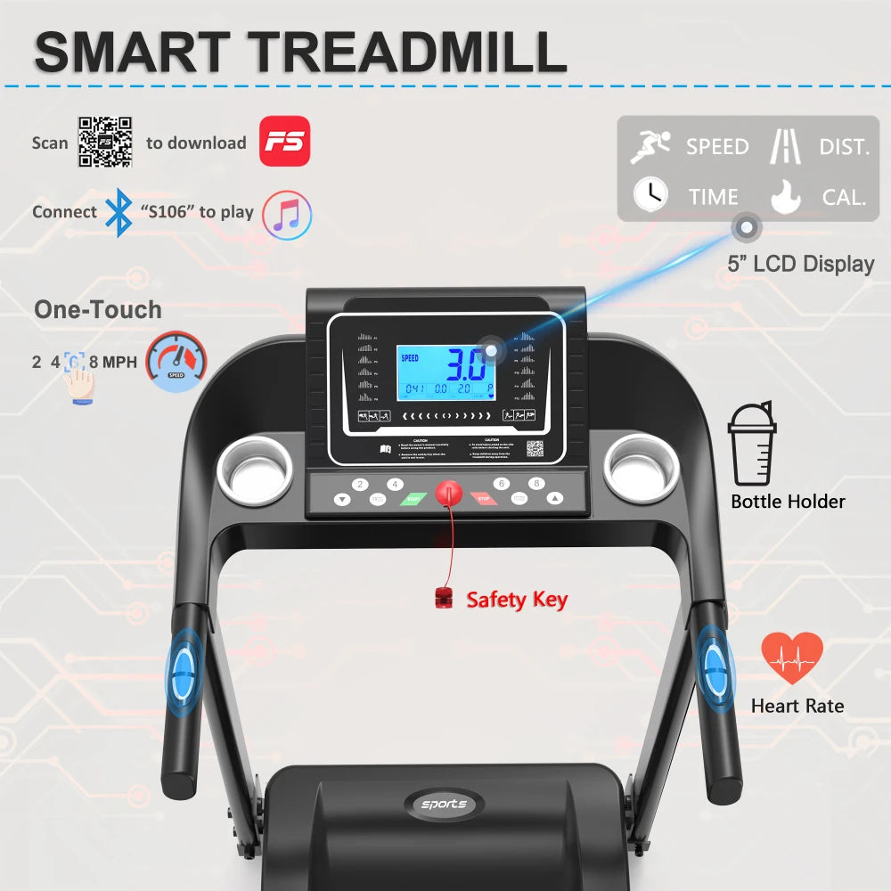 Fitshow App Foldable Incline Treadmill: Electric Walk/Run,5" LCD,250LB,Bluetooth Music Fit Island Store