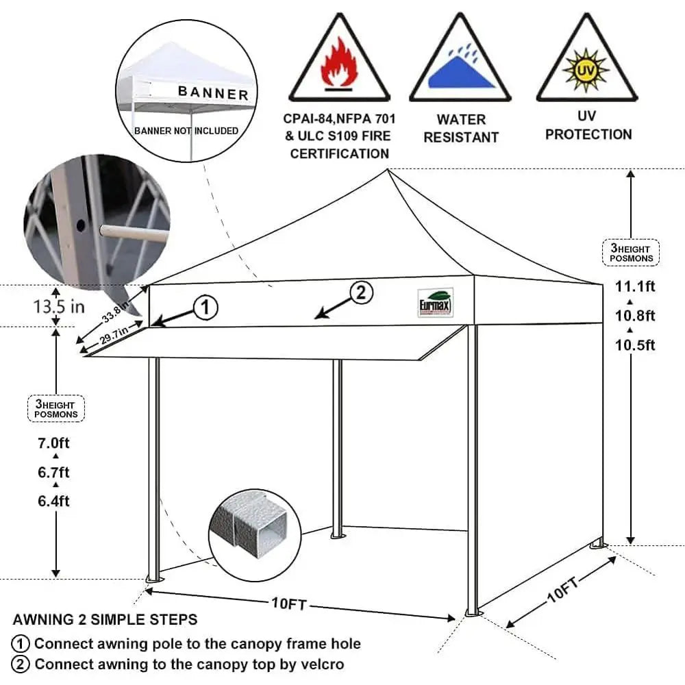 10x10 USA Outdoor Party Tent with 4 Zippered Sides, Roller Bag, Sand Bags & Awning (White) Fit Island