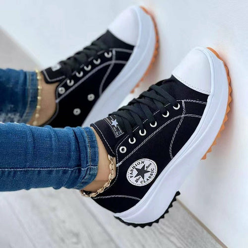 Flat Lace-Up Sneakers Pattern Canvas Casual Women Sport Shoes Fit Island