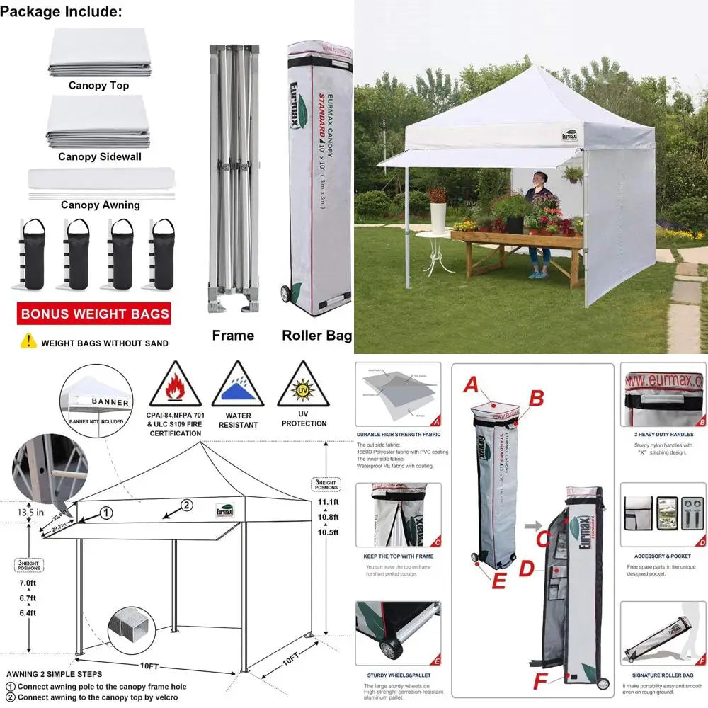 10x10 USA Outdoor Party Tent with 4 Zippered Sides, Roller Bag, Sand Bags & Awning (White) Fit Island
